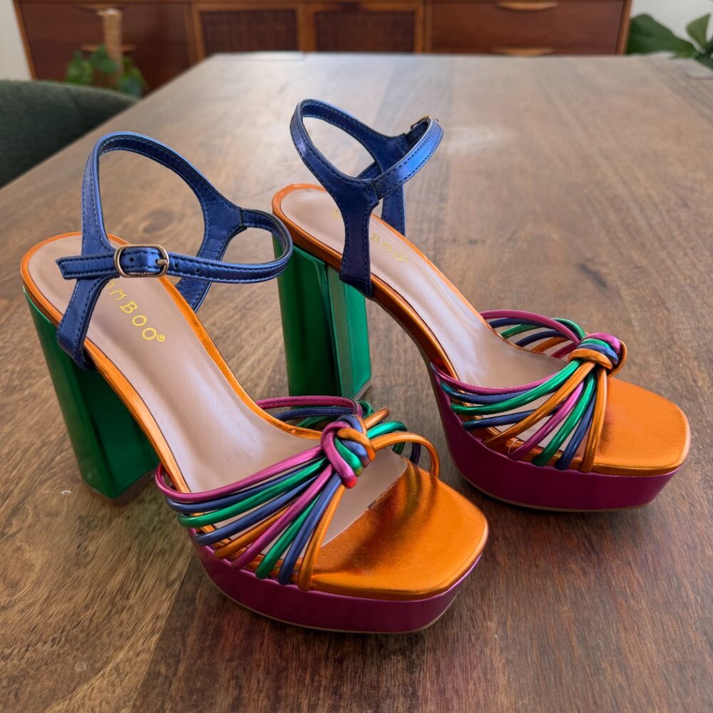 NEW Bamboo Multicolor Platform Block Heel Sandals Size 6 - Picture 4 of 10